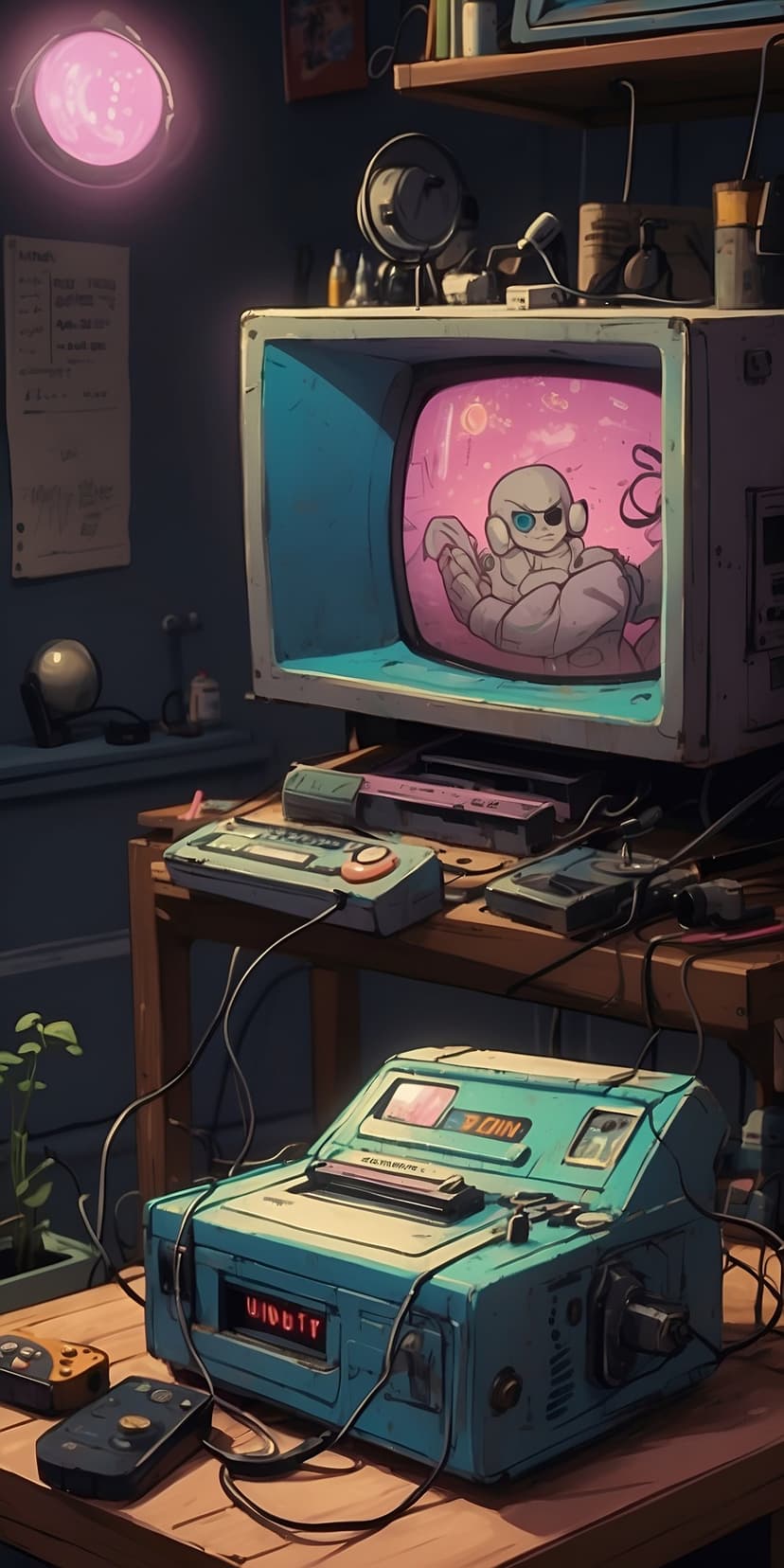 Vintage CRT monitor surrounded by game consoles and tangled electronic wires under a soft pink ambient light.