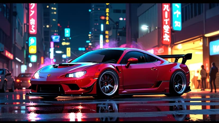 Red sports car on a wet asphalt road reflecting vibrant pink and blue neon lights from city skyscrapers at night.