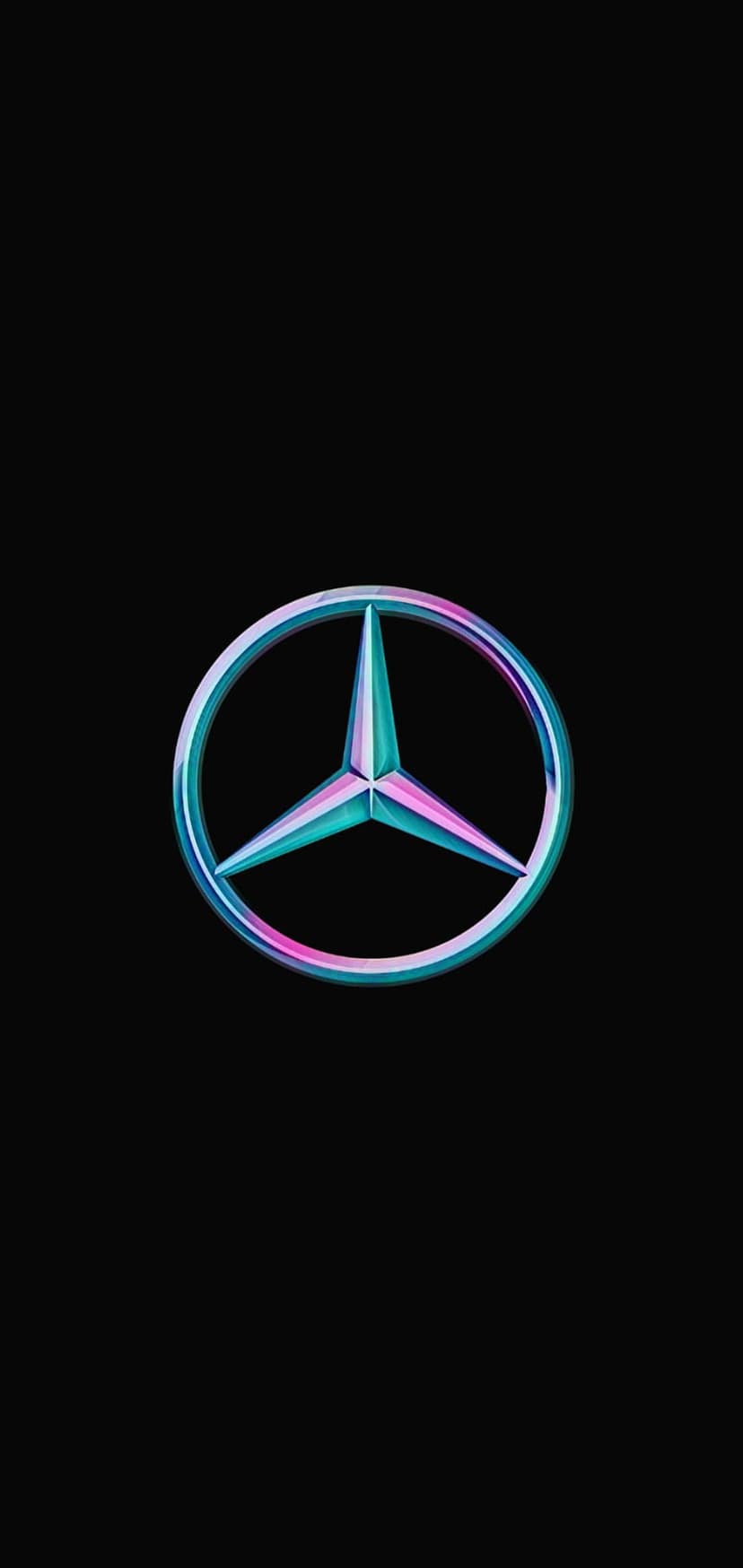 Mercedes-Benz three-pointed star logo with iridescent chrome texture glowing against a solid black background.
