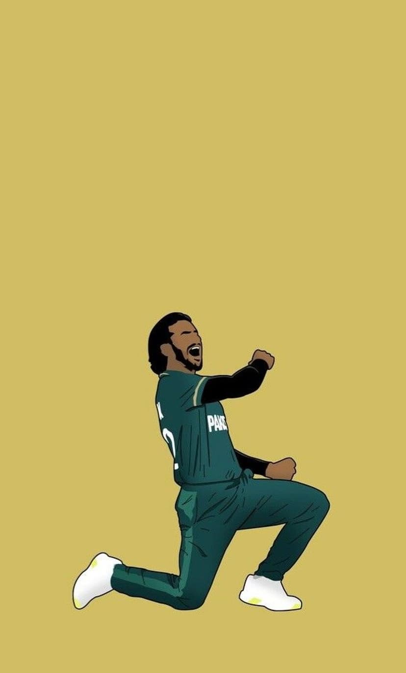 Pakistani cricketer in green and black uniform kneels with a raised fist against a solid yellow background.