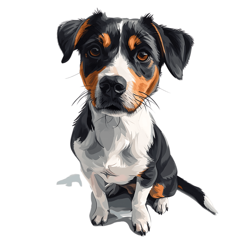 Appenzeller Sennenhund puppy sitting with tricolor black white and tan fur and expressive brown eyes.
