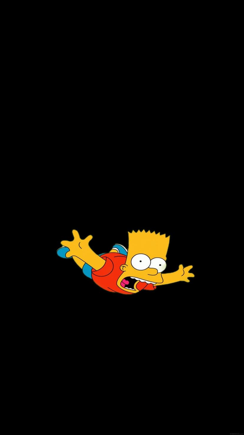 Bart Simpson falls with arms wide and mouth open against a solid black background on this vertical mobile screen.
