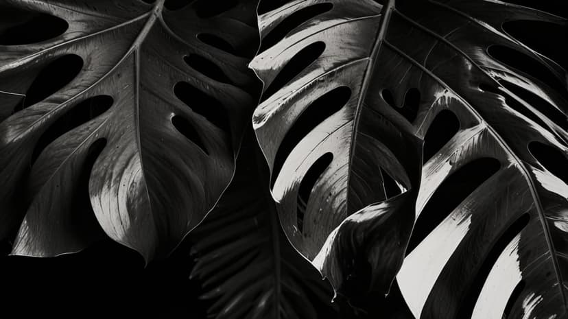 Monstera leaf fenestrations and ribbed textures emerge from dark shadows in a high-contrast monochrome photo.