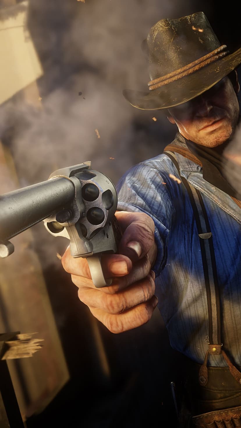 Cowboy in a leather hat aiming a silver revolver at the camera amidst floating dust and cinematic lighting.