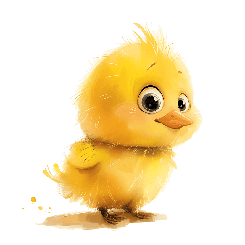 Yellow chick digital illustration displays soft downy feathers, orange beak, and large eyes in a frontal pose.