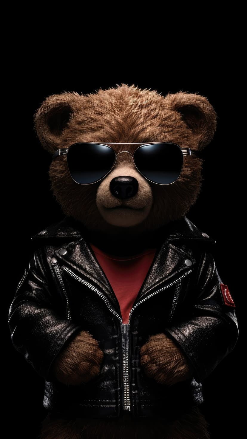 Brown fluffy teddy bear wearing black leather biker jacket and silver aviator sunglasses against a dark background.