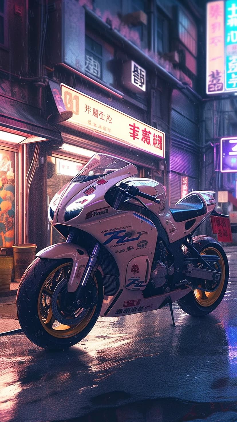 White sportbike on a wet street surrounded by neon Japanese signs and glowing puddles in a rainy futuristic city.