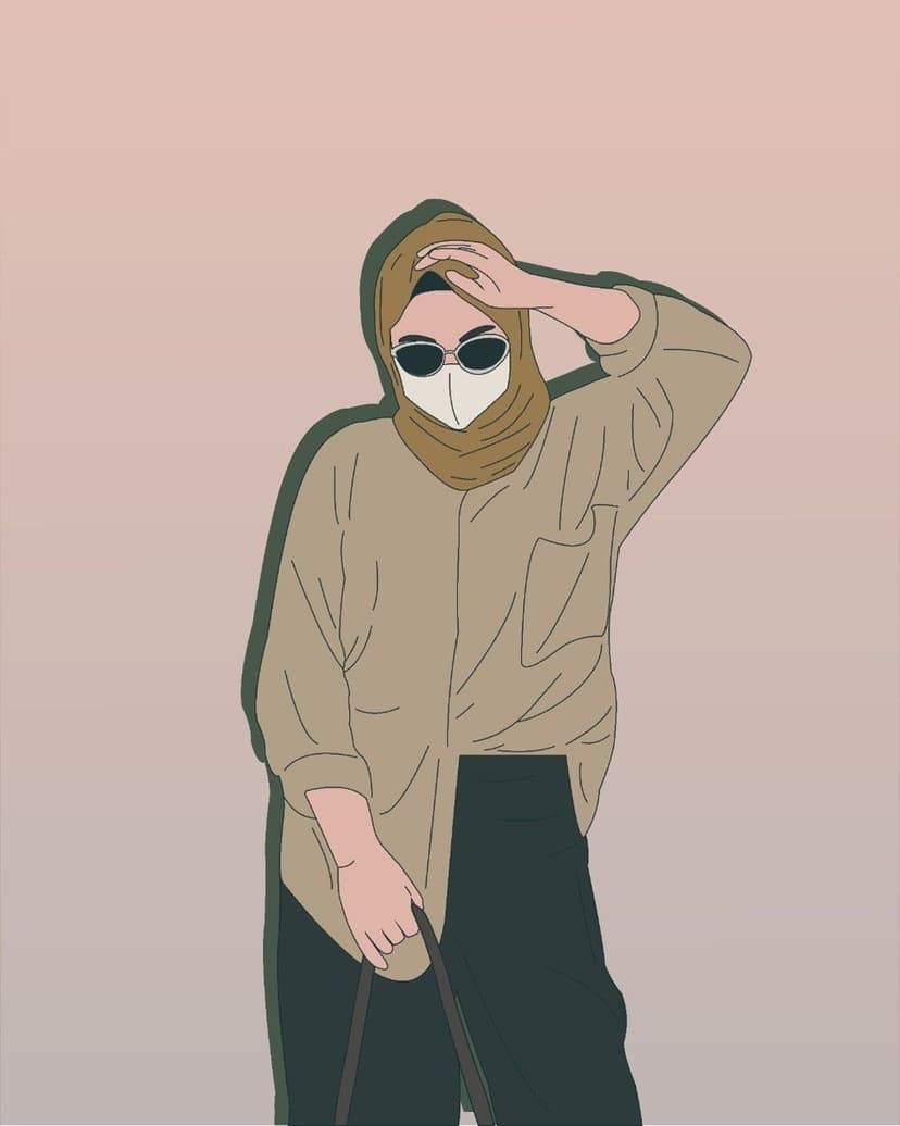 Person in a hijab, sunglasses, and face mask holding a bag against a soft gradient background in a profile view.