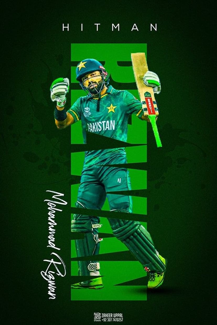 Mohammad Rizwan raises a bat and helmet in a green Pakistan uniform with stylized horizontal fragment lines.