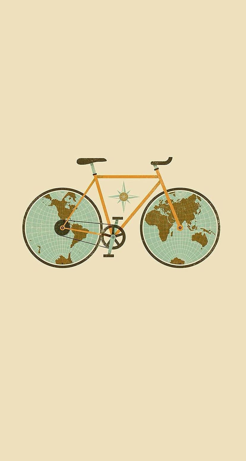 Vintage bicycle with world map globes as wheels and a central compass on a beige parchment background.