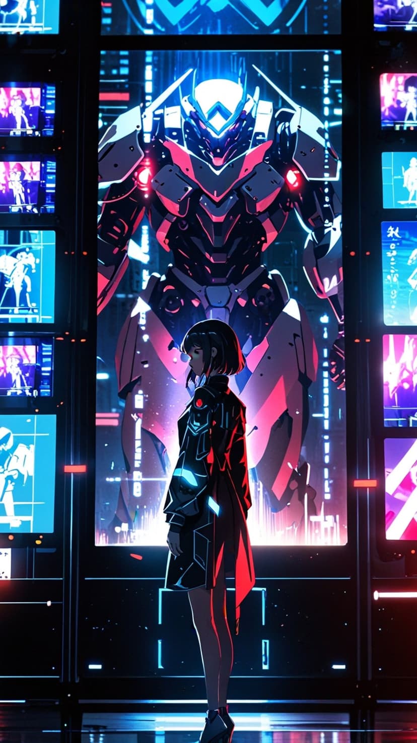 Anime girl pilot standing before a glowing giant mech amidst neon city lights and holographic data screens.