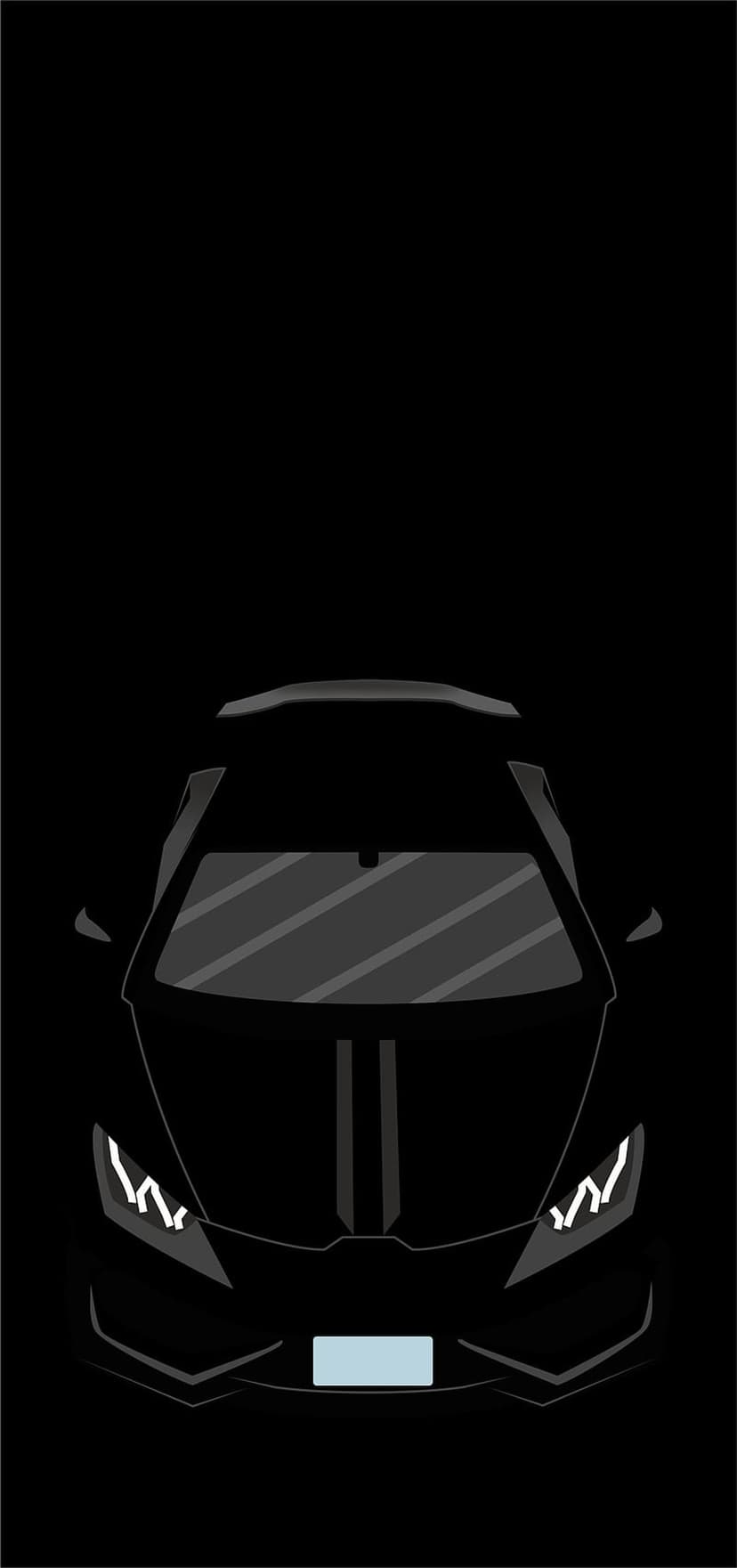 Black sports car front view with glowing headlights and grey racing stripes against a dark minimalist backdrop.
