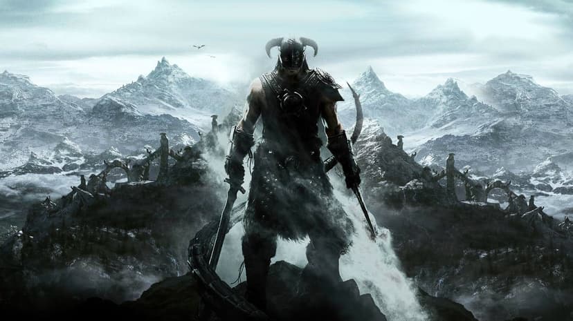 Horned warrior with dual swords stands on a rocky peak overlooking snowy mountains and flying dragons.