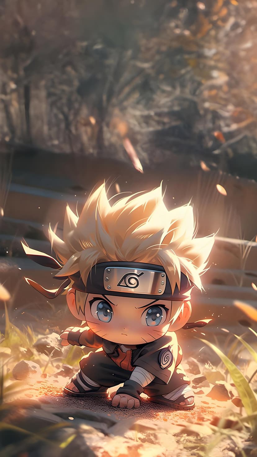 Naruto Uzumaki chibi character in a crouched ninja stance with spiked blonde hair and a metallic headband.