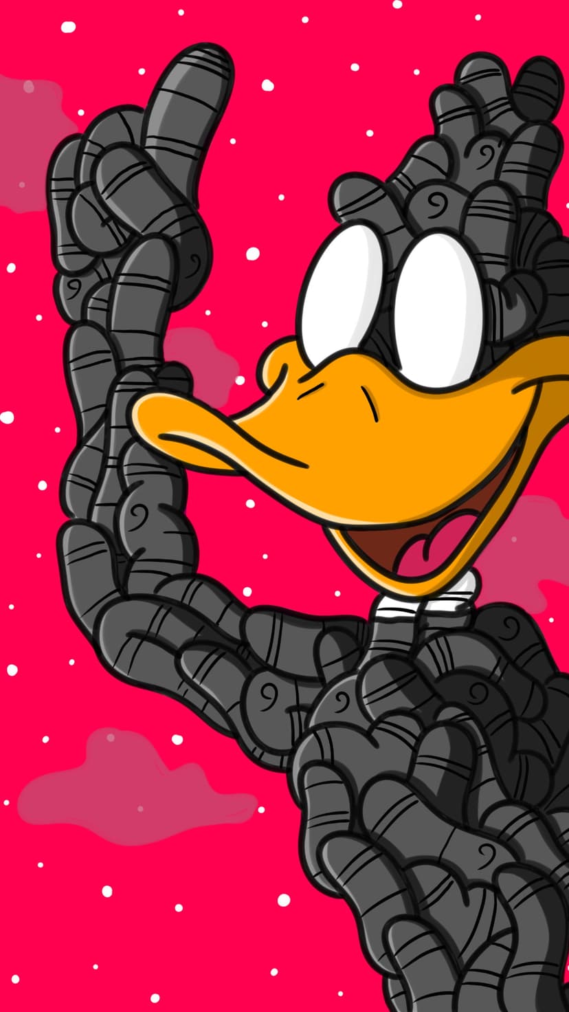 Daffy Duck with a segmented gray robotic body and orange beak stands before a bright pink dotted background.