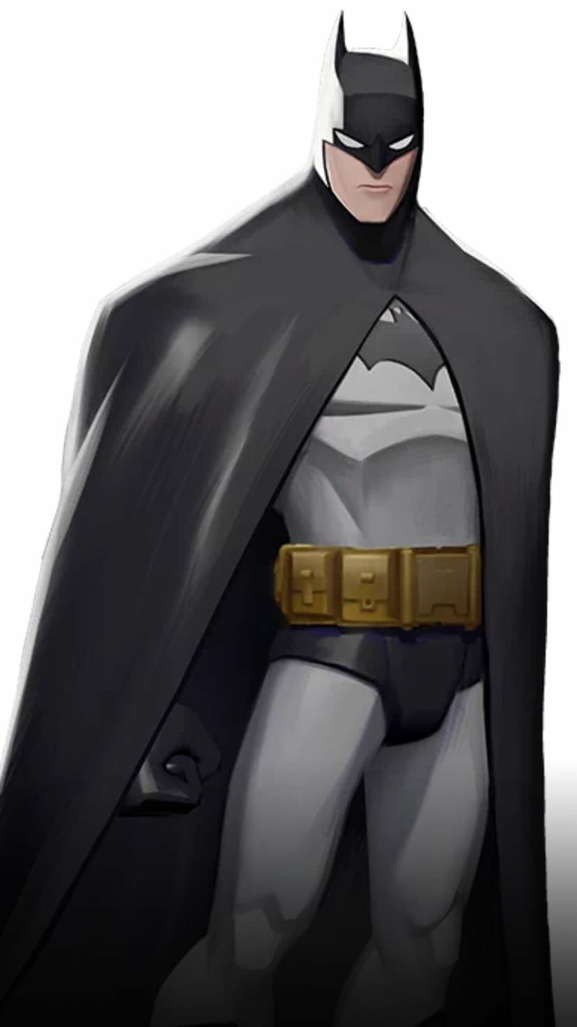 Batman stands in a classic gray suit with a flowing black cape and gold utility belt on a minimalist white background.