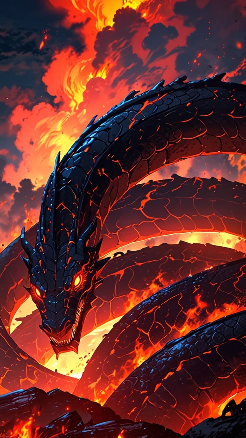 Giant black dragon with glowing red eyes and molten scales emerges from a volcanic lake of fire and orange sparks.