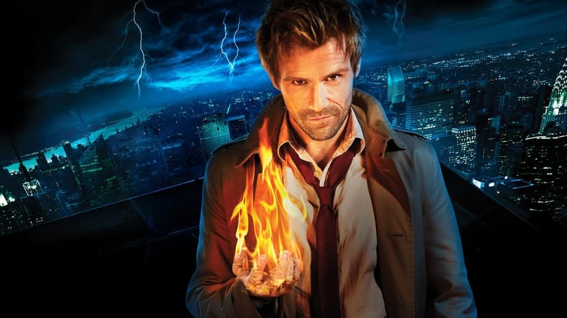 John Constantine supernatural wallpaper shows a man in a trench coat standing in smoky blue and orange lighting.