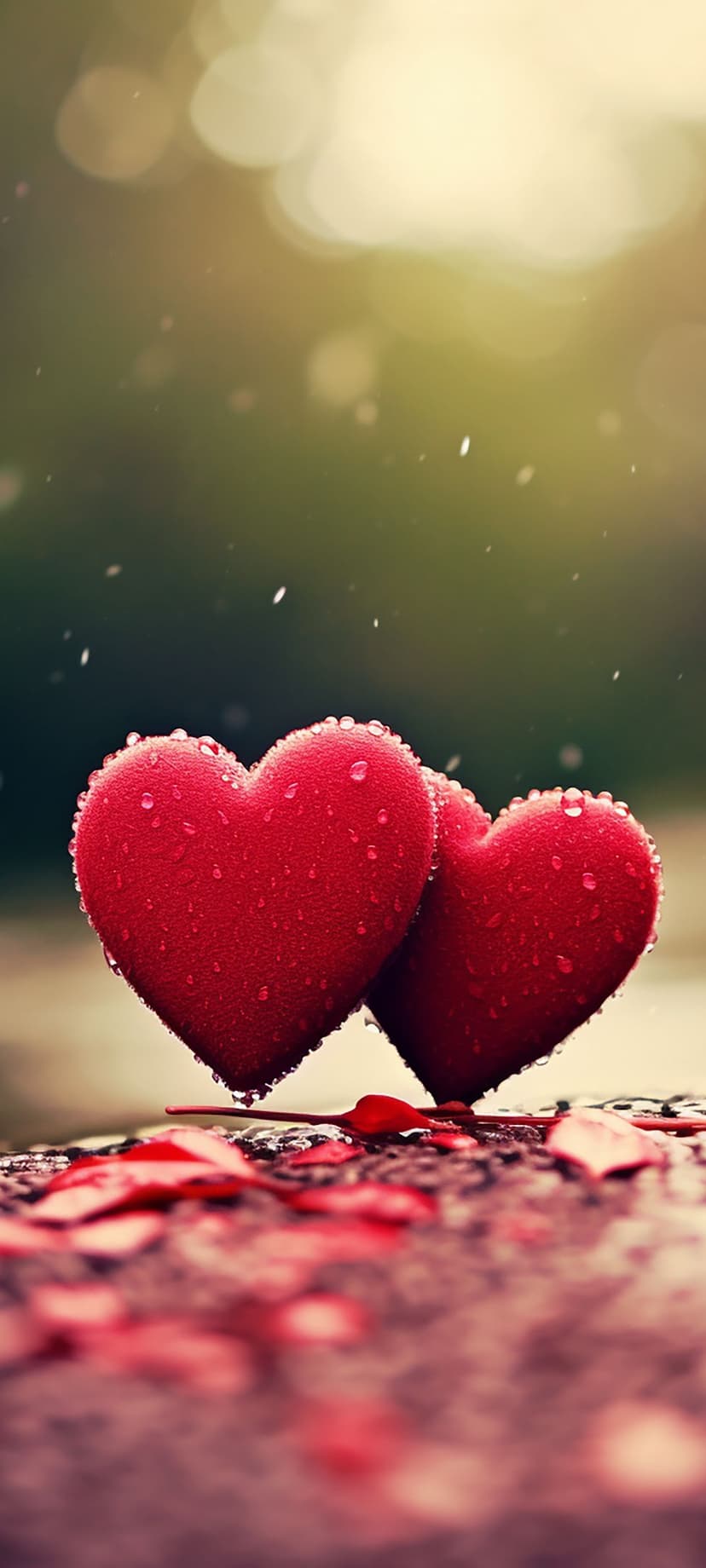 Two red hearts covered in water droplets rest on a wet surface with scattered petals and green bokeh lights.