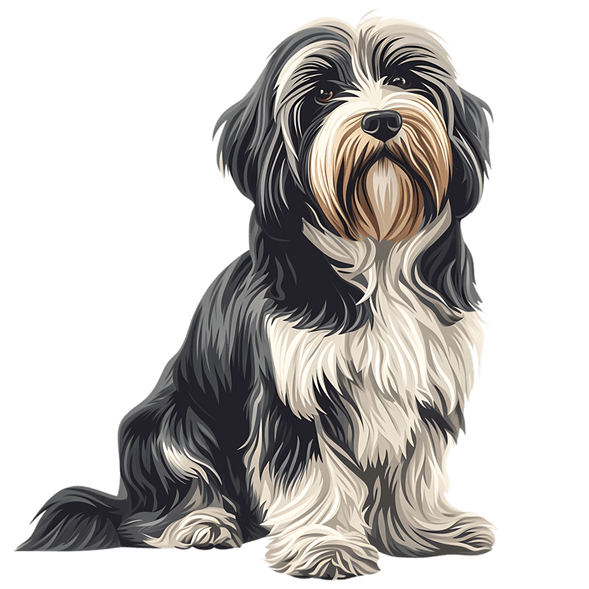 Shaggy dog vector illustration featuring long black and grey fur sitting against a solid black background.