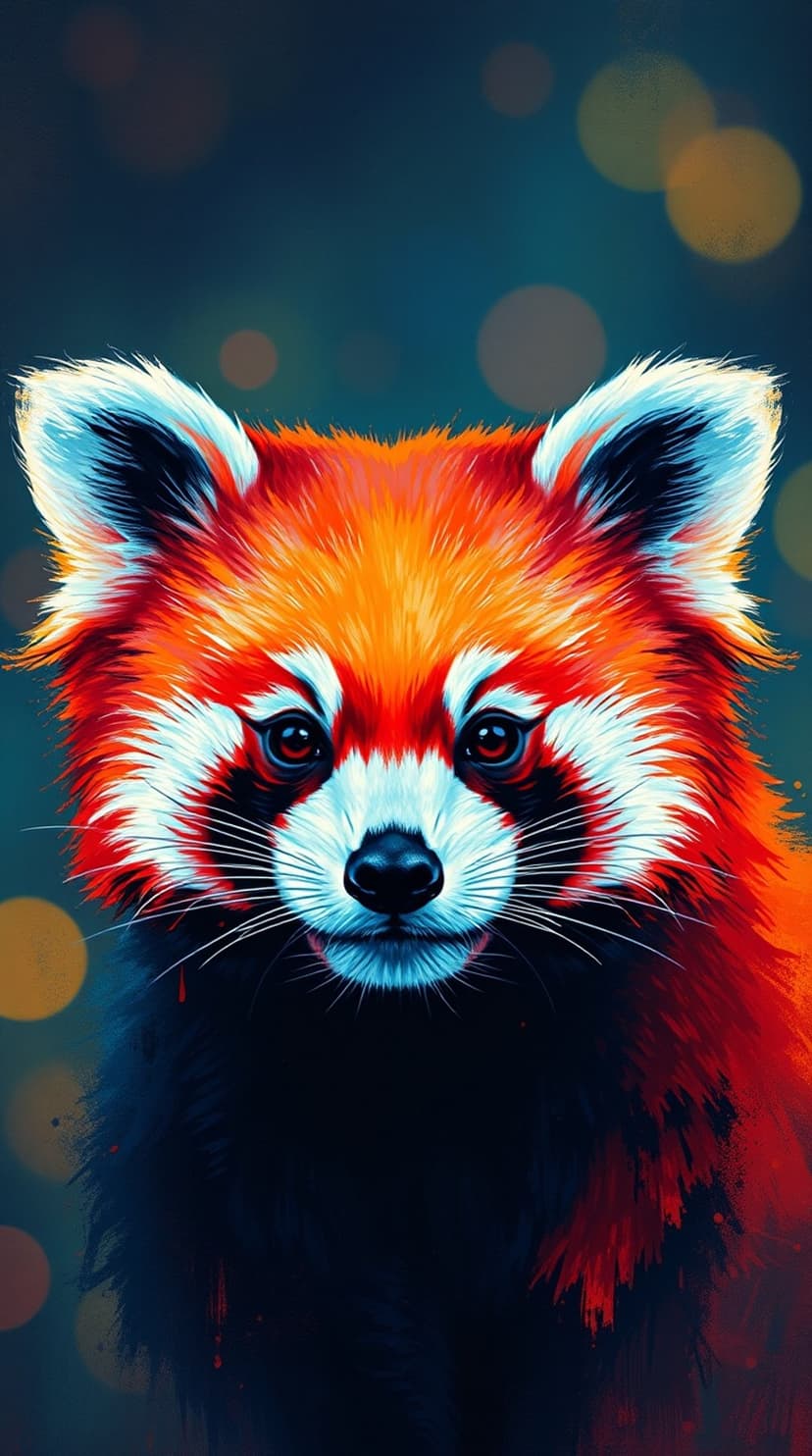 Red panda face with orange and white fur looks forward against a dark teal background with glowing bokeh dots.