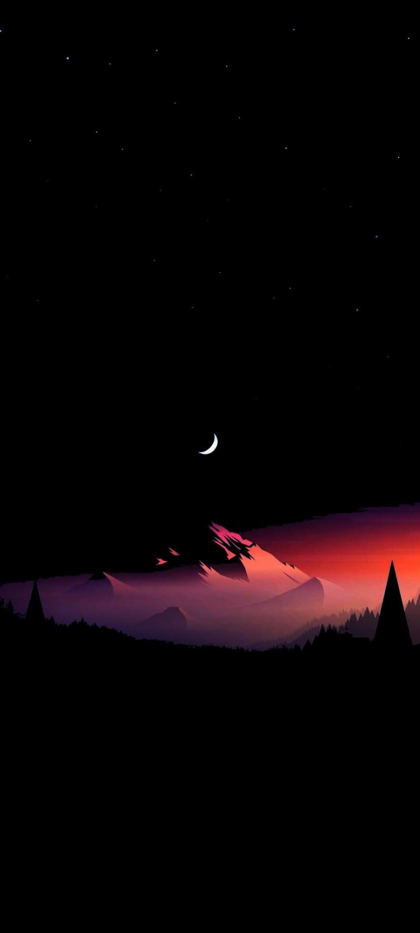 Jagged mountain peaks beneath a crescent moon and starry sky with silhouettes of pine trees in the foreground.