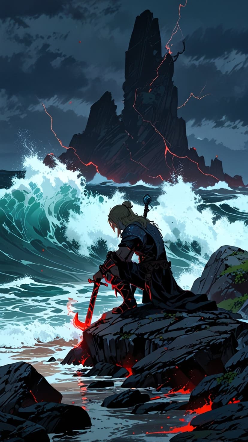 Kneeling armored warrior holds a glowing red sword on a rocky beach facing a stormy sea and jagged mountain peaks.