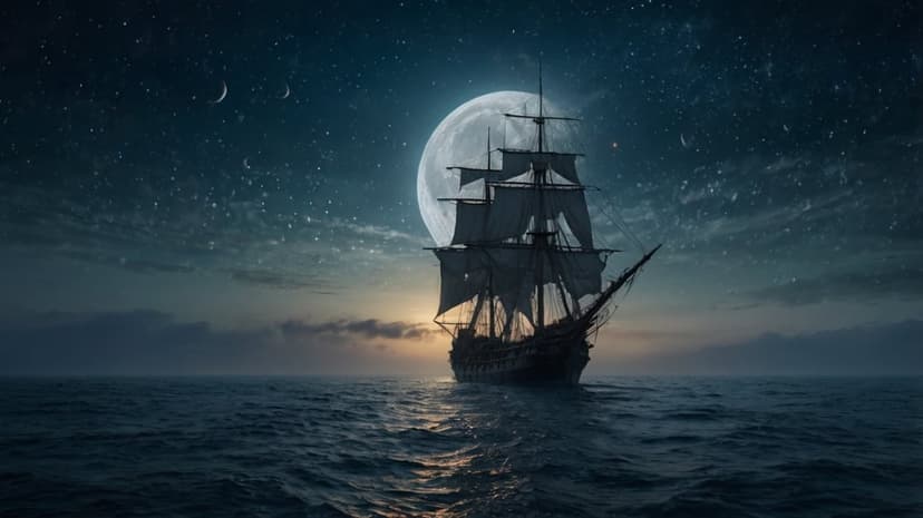 Tall ship with large sails navigating a calm ocean at night beneath a glowing full moon and starlit sky.