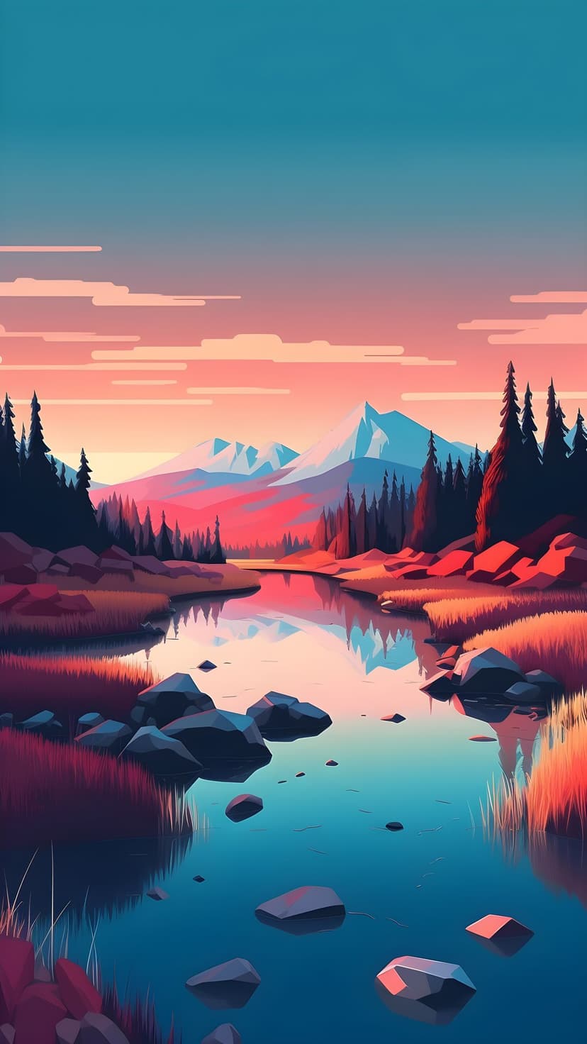 Snow-capped mountains reflect in a calm lake at sunset, surrounded by dense pine trees and shoreline rocks.