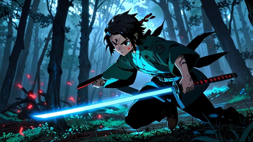 Anime swordsman with a glowing blue blade stands amidst dark, twisted trees in a mystical forest at night.
