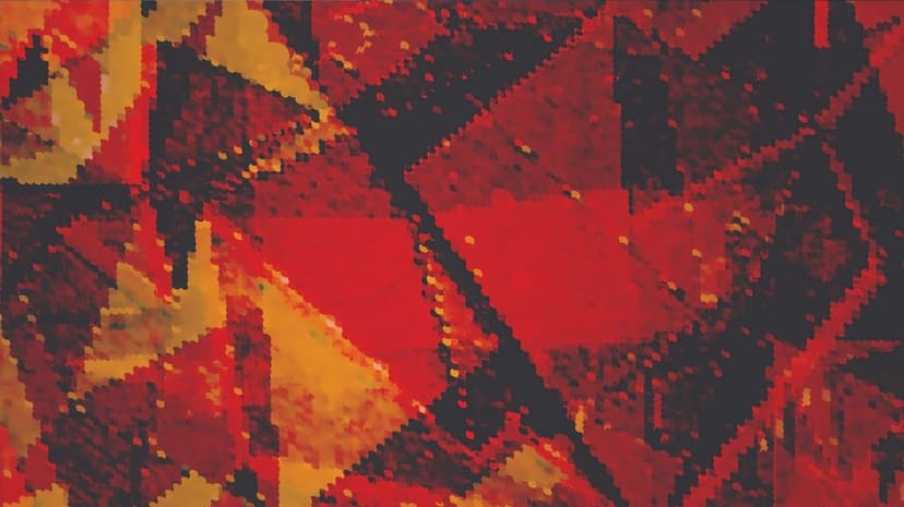Red and yellow geometric pixel fragments interlock in a high-contrast diagonal pattern across a dark background.