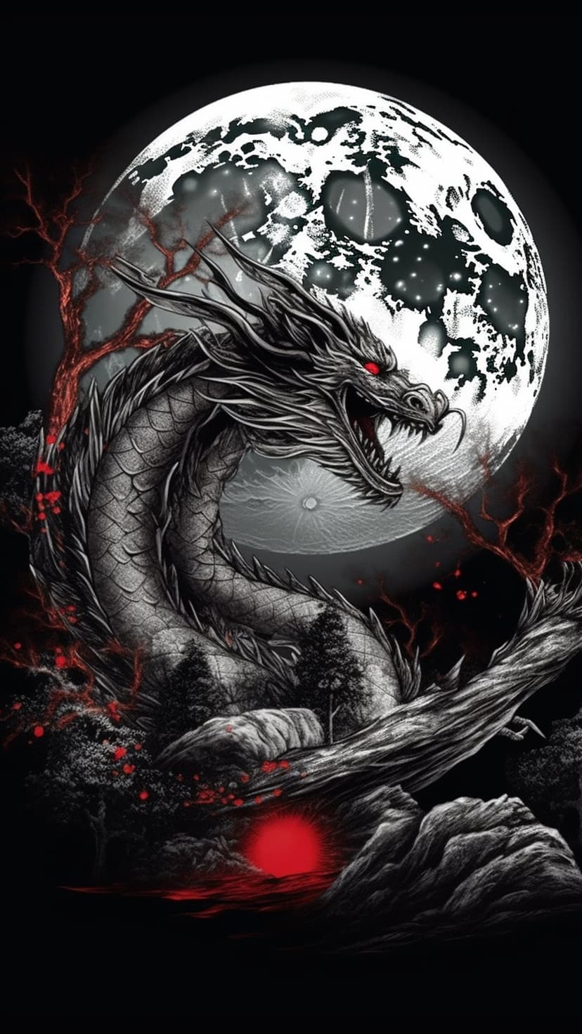 Coiled dragon with glowing red eyes sits before a large textured moon and twisted black trees on rocky terrain.