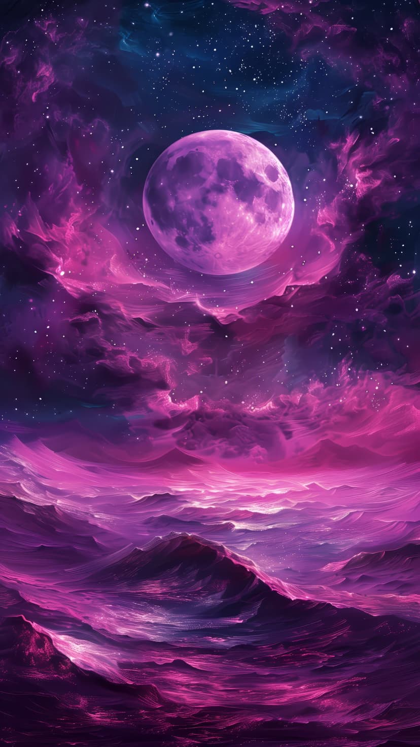 Large purple moon above a turbulent sea reflecting pink and blue cosmic clouds under a starry night sky.