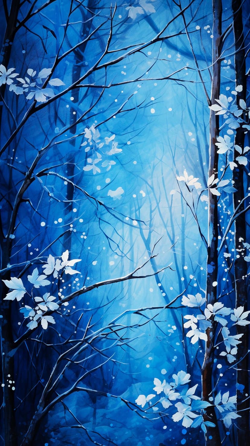 Bare trees with white leaves stand in a dark blue forest while snowflakes fall in this vertical winter landscape.
