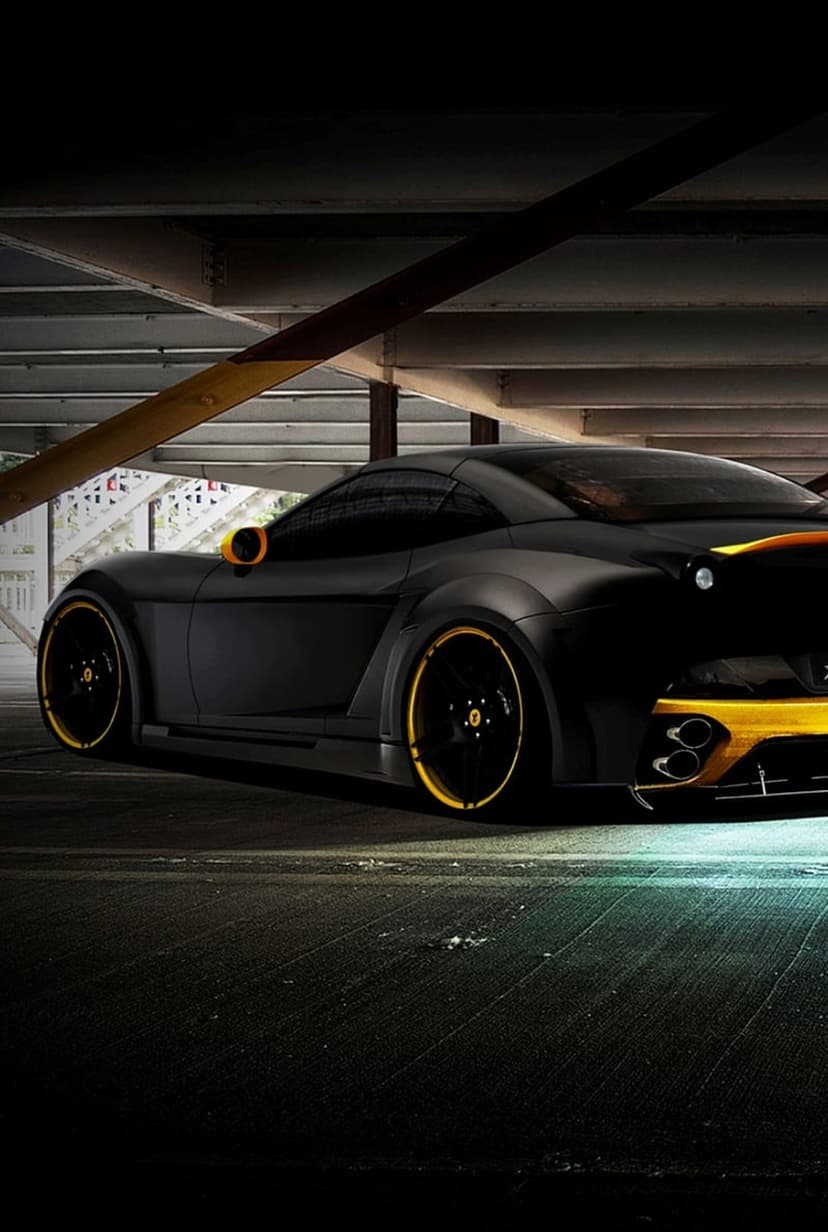 Matte black sports car with yellow rims parked in a dim industrial warehouse, seen from a low-angle perspective.