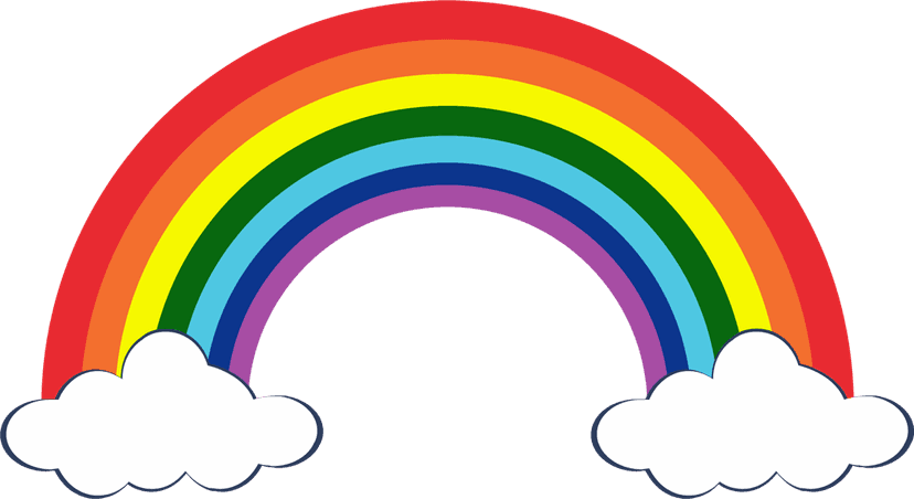 Rainbow clouds icon features a multi-colored arc between two white cumulus shapes inside a round border.