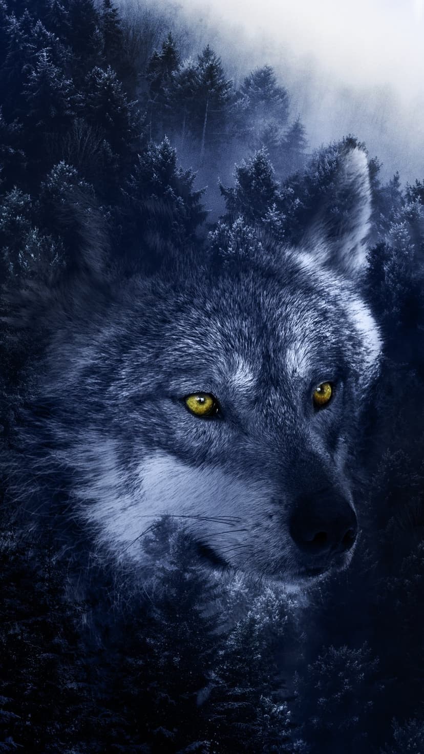 Wolf's face with bright yellow eyes emerges from a dense blue misty forest during a dark night in the wild.