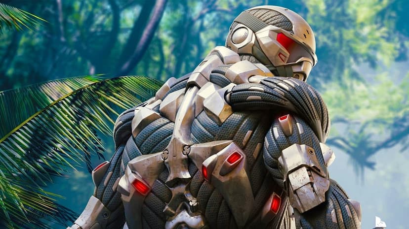 Sci-fi soldier in silver and black armor with red glowing lights stands in a blurry tropical jungle scene.