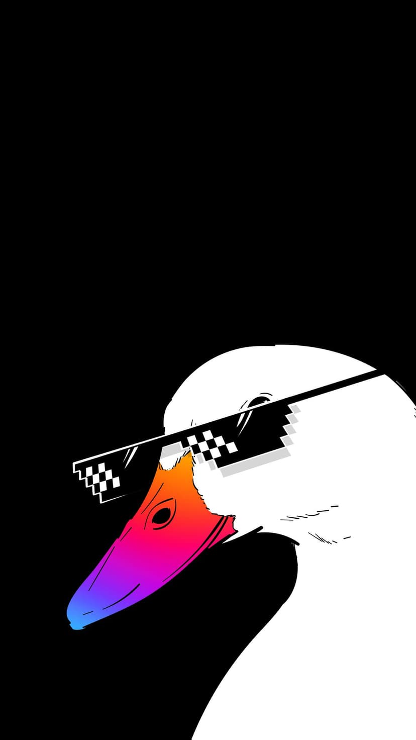 White goose wearing black pixelated sunglasses with a vibrant rainbow gradient beak against a solid black background.