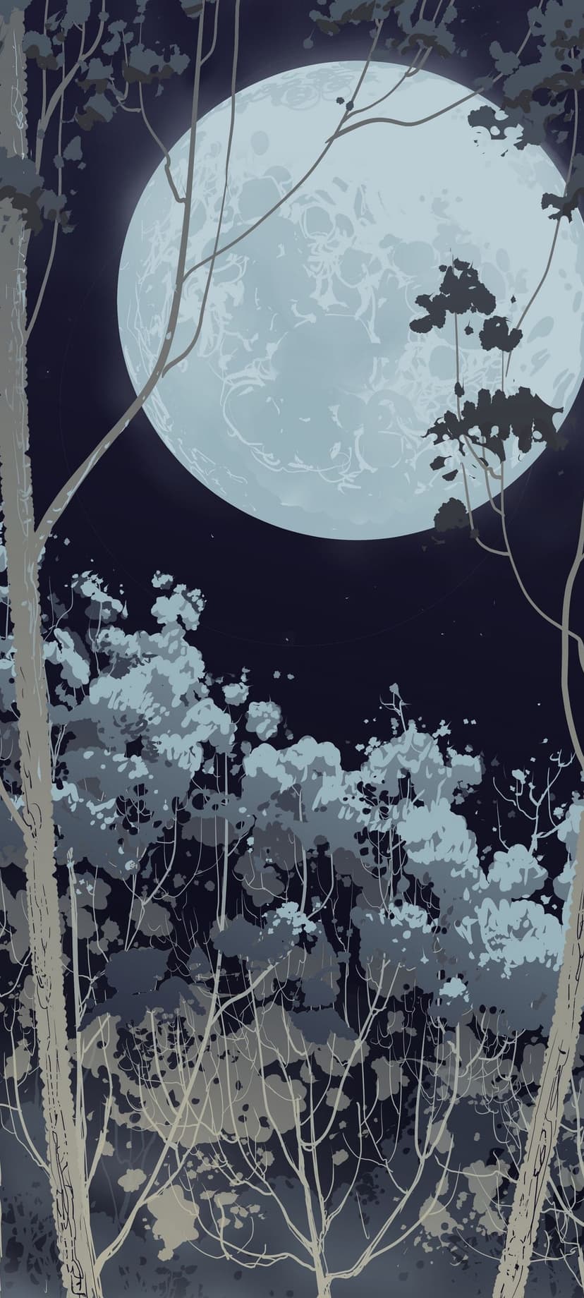 Full moon glows above silhouetted forest branches against a dark star-dusted sky in a vertical night scene.