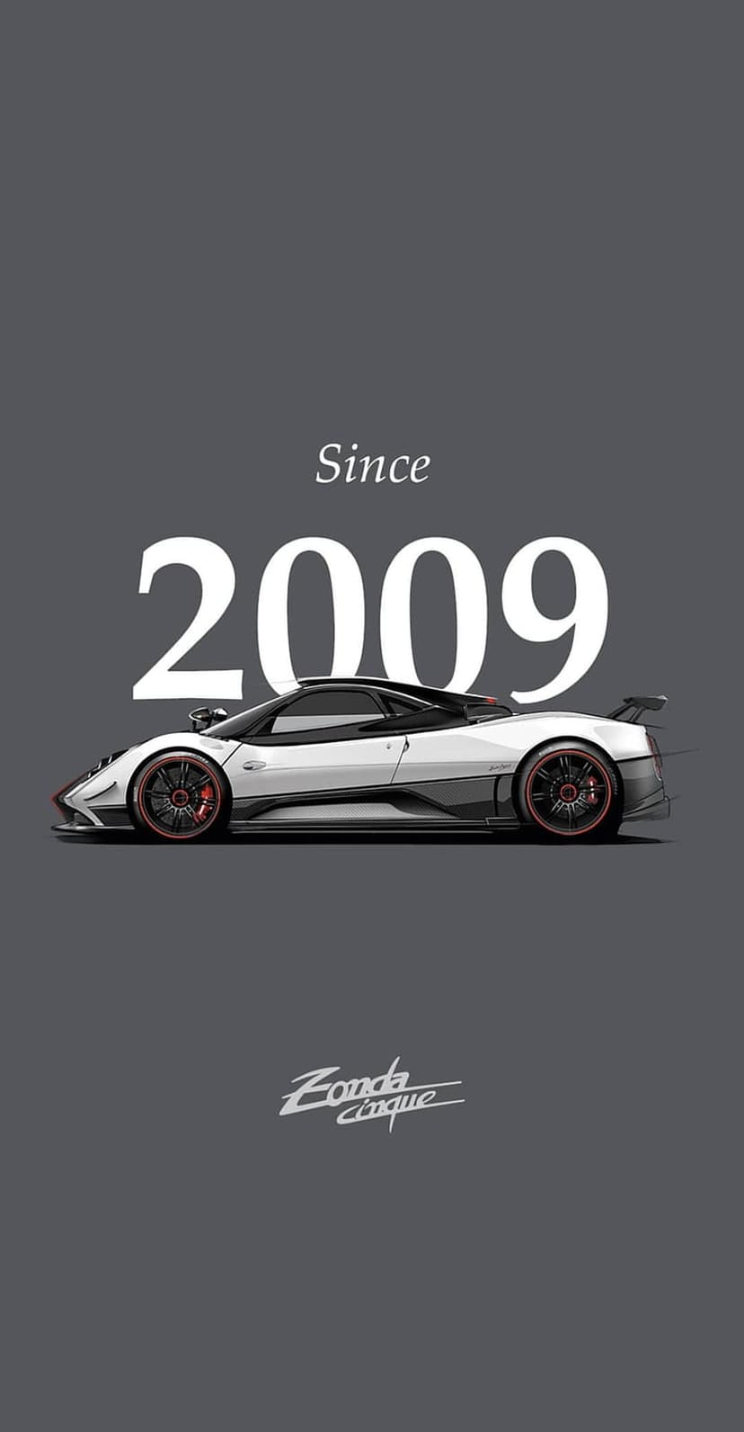 Pagani Zonda Cinque hypercar in white with red accents sits centered against a dark charcoal gray background.