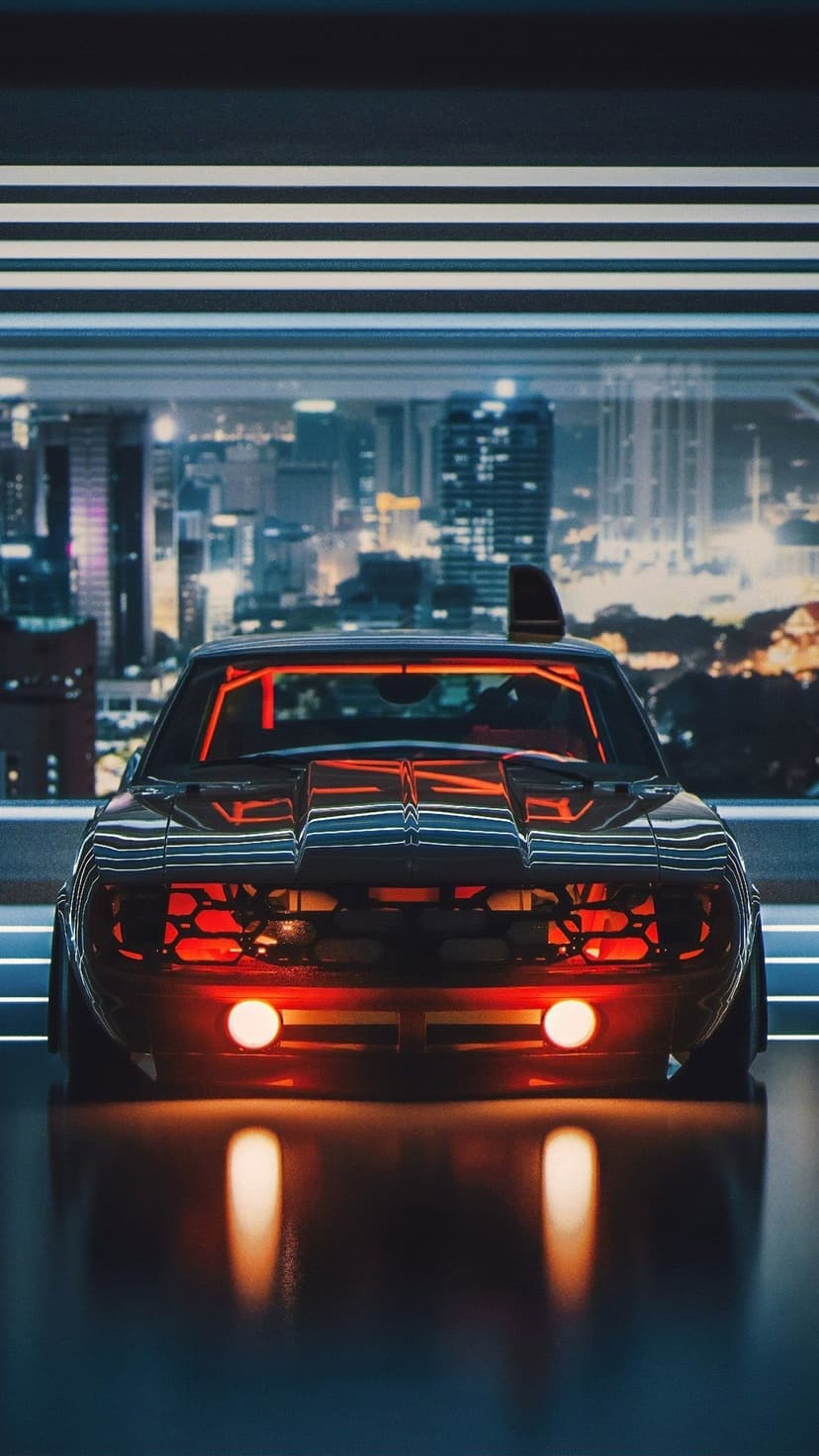 Muscle car with glowing red neon accents parked indoors overlooking a lit metropolis at night in portrait view.