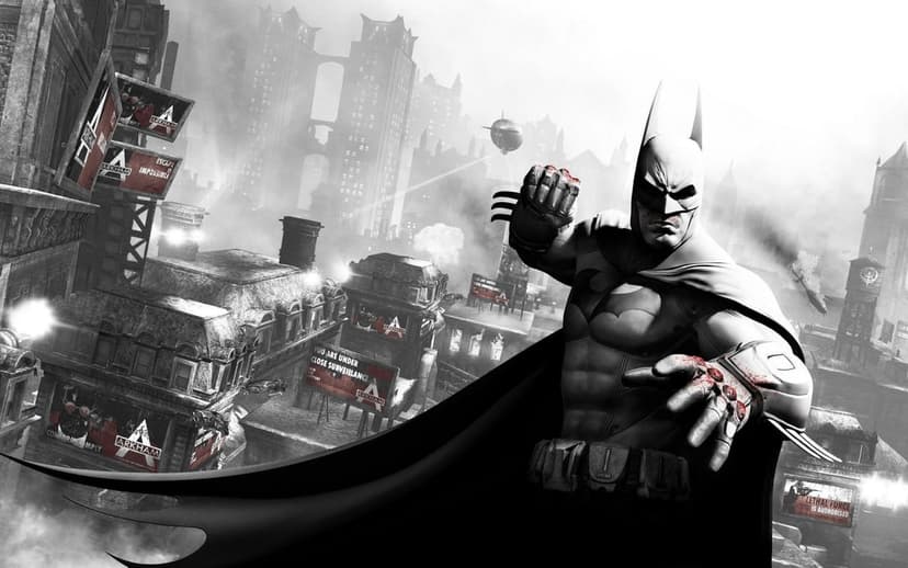 Batman with bloodied knuckles stands against a dark Gotham City skyline with blimps and propaganda signs.