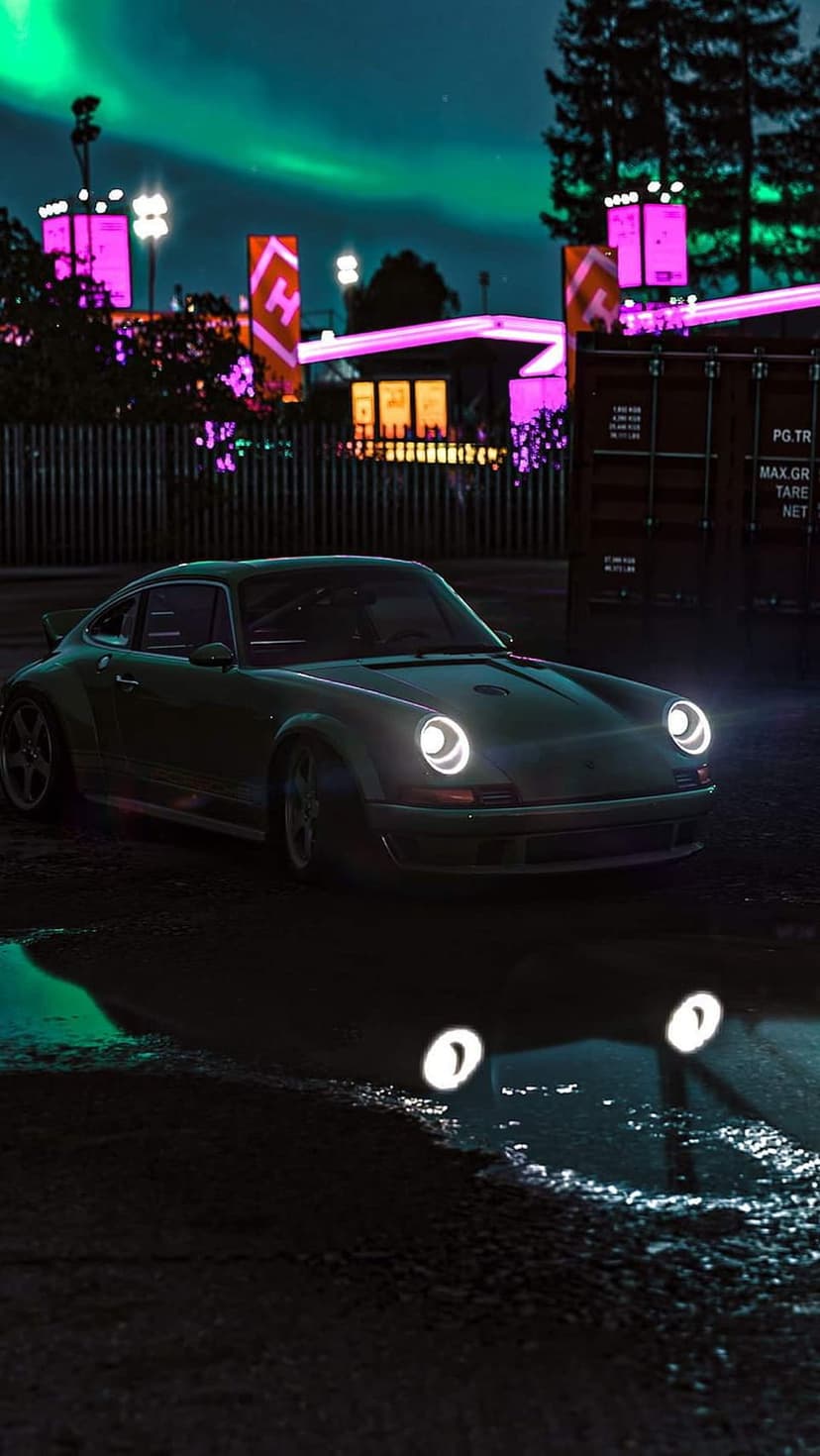 Vintage Porsche 911 with glowing headlights on a wet street reflecting green aurora and purple neon city lights.