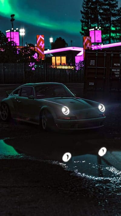 Nighttime Porsche with Aurora Borealis and Neon Lights