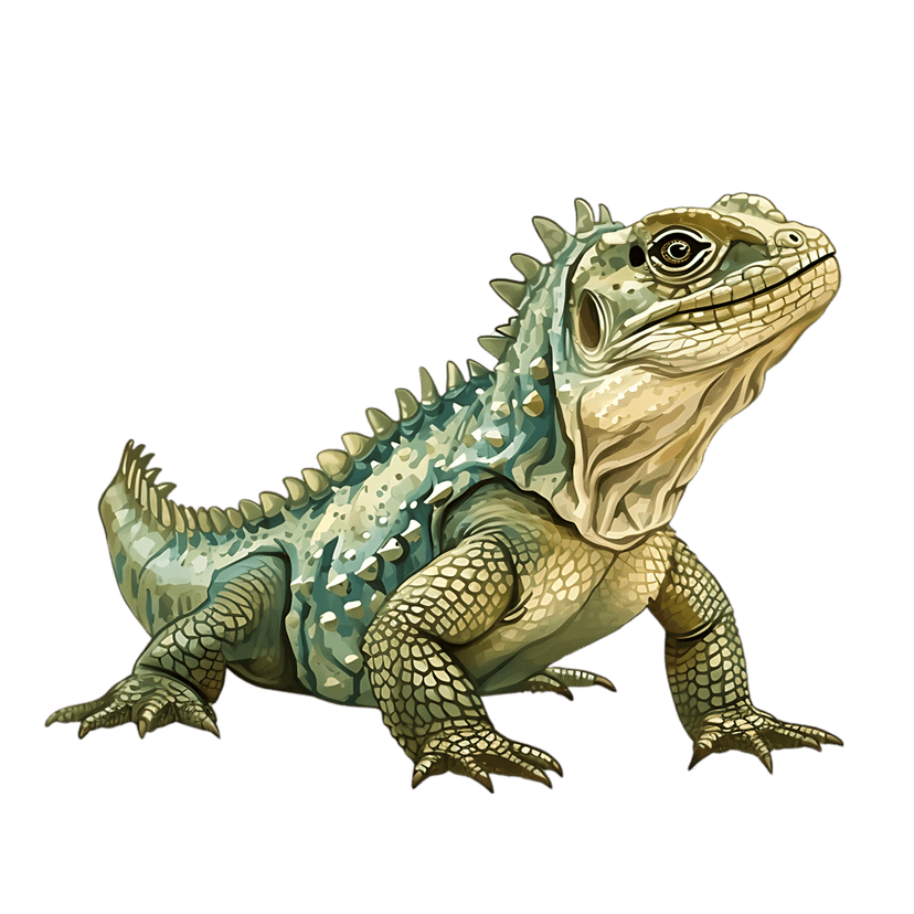 Green iguana with dorsal spikes displays detailed scales and sharp claws in a realistic crawling side profile.