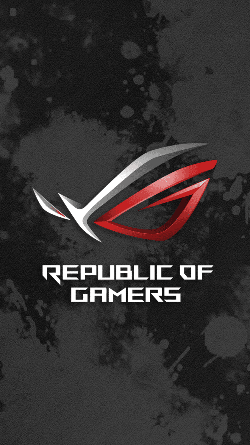 Red and white ROG logo centered on a black background with distressed grunge splatters and bold text below it.