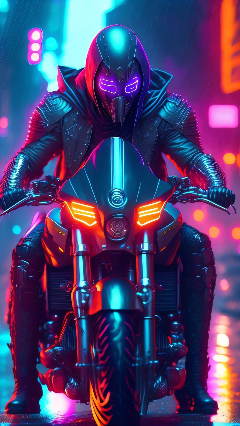 Masked cyberpunk biker with glowing purple eyes rides a motorcycle on a rainy street under neon city lights.