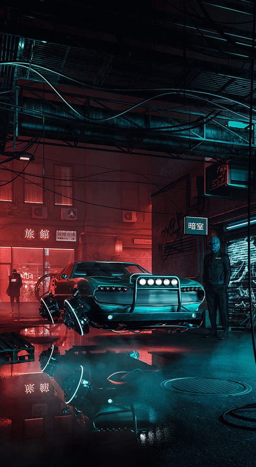 Teal hovercar floats above a wet alleyway with red neon signs and a masked figure standing in the background.