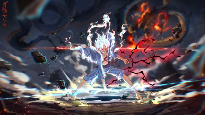 Monkey D Luffy Gear 5 stands in a fighting pose with white hair and glowing eyes against a colorful sky backdrop.